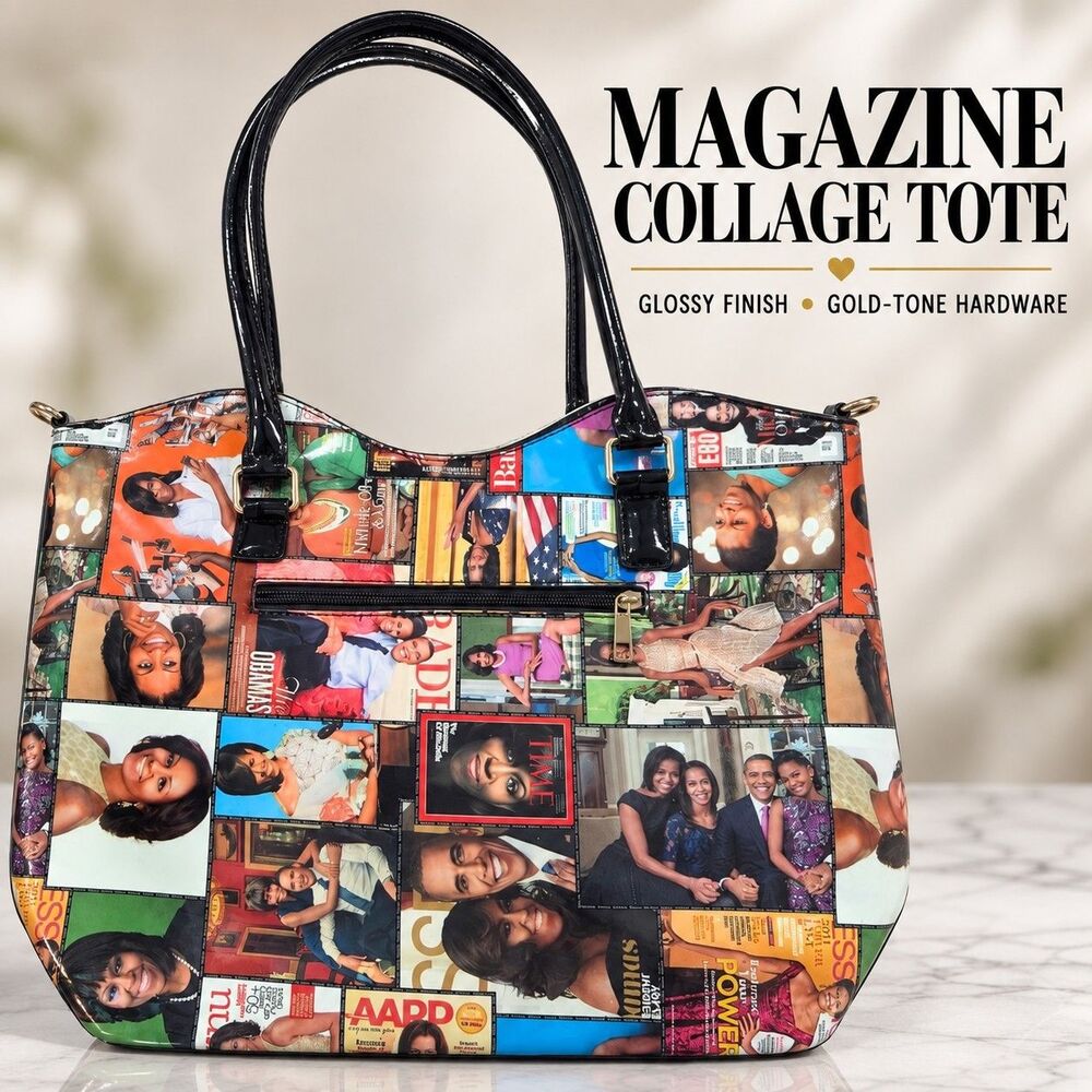 Michelle Obama Magazine Collage Tote Handbag Black Glossy Gold Hardware